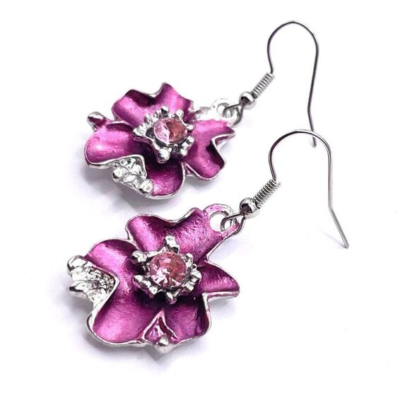 Silver with Pink Oil Drip and Crystal Dangling Flower Hook Earrings - Picture 3 of 6
